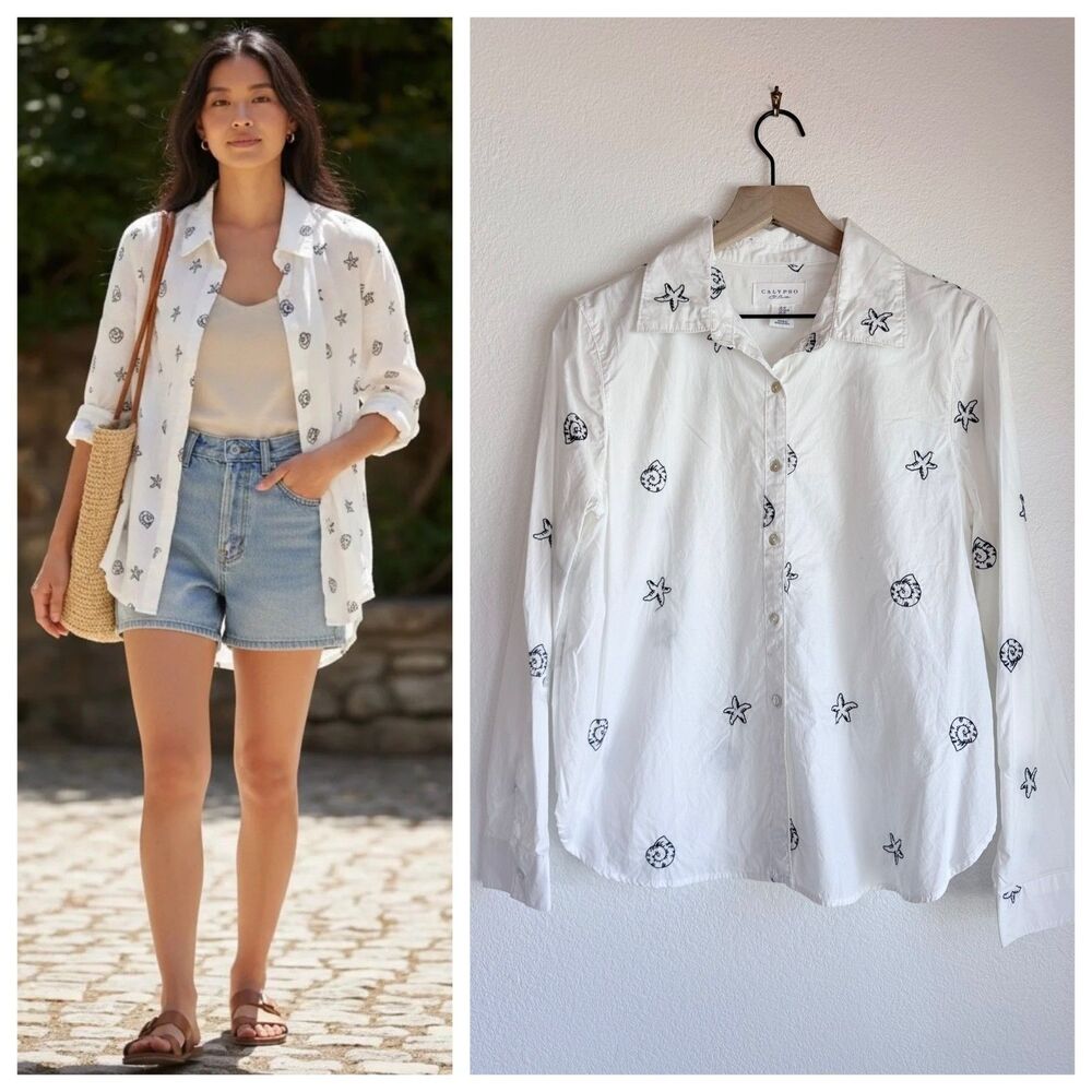NWOT Calypso St Barth Embroidered Seashell Starfish Shirt White M Coastal Resort